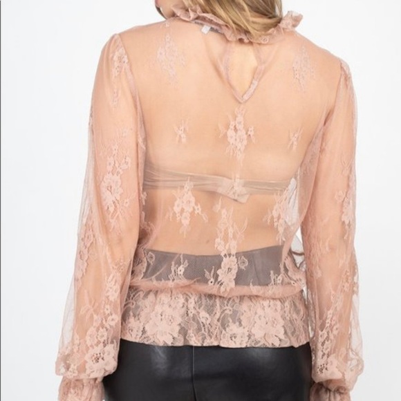 Women’s Taupe Floral Lace Embroidered Sheer Mesh Long Sleeve Blouse Shirt - Picture 5 of 6